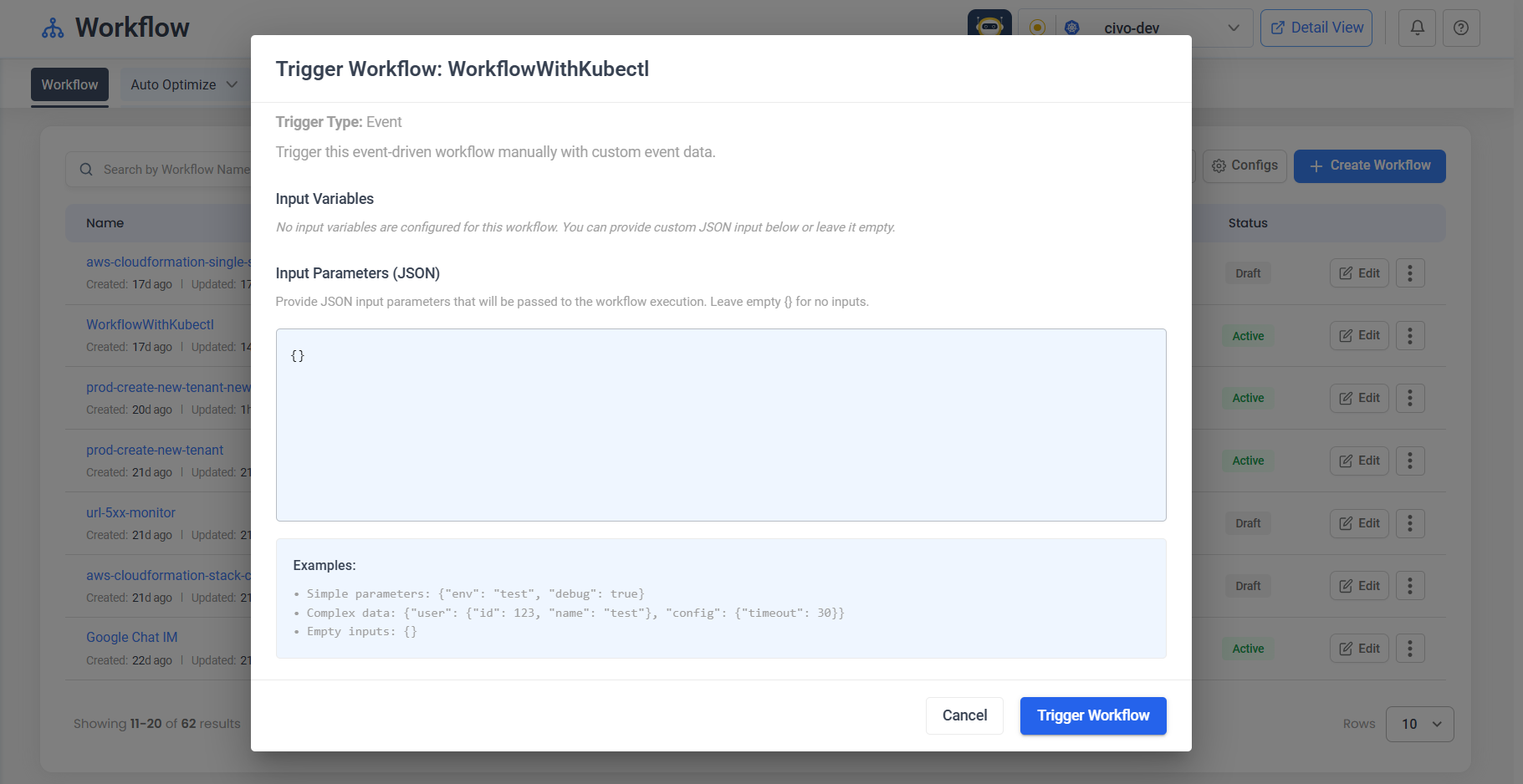 Trigger Workflow Modal