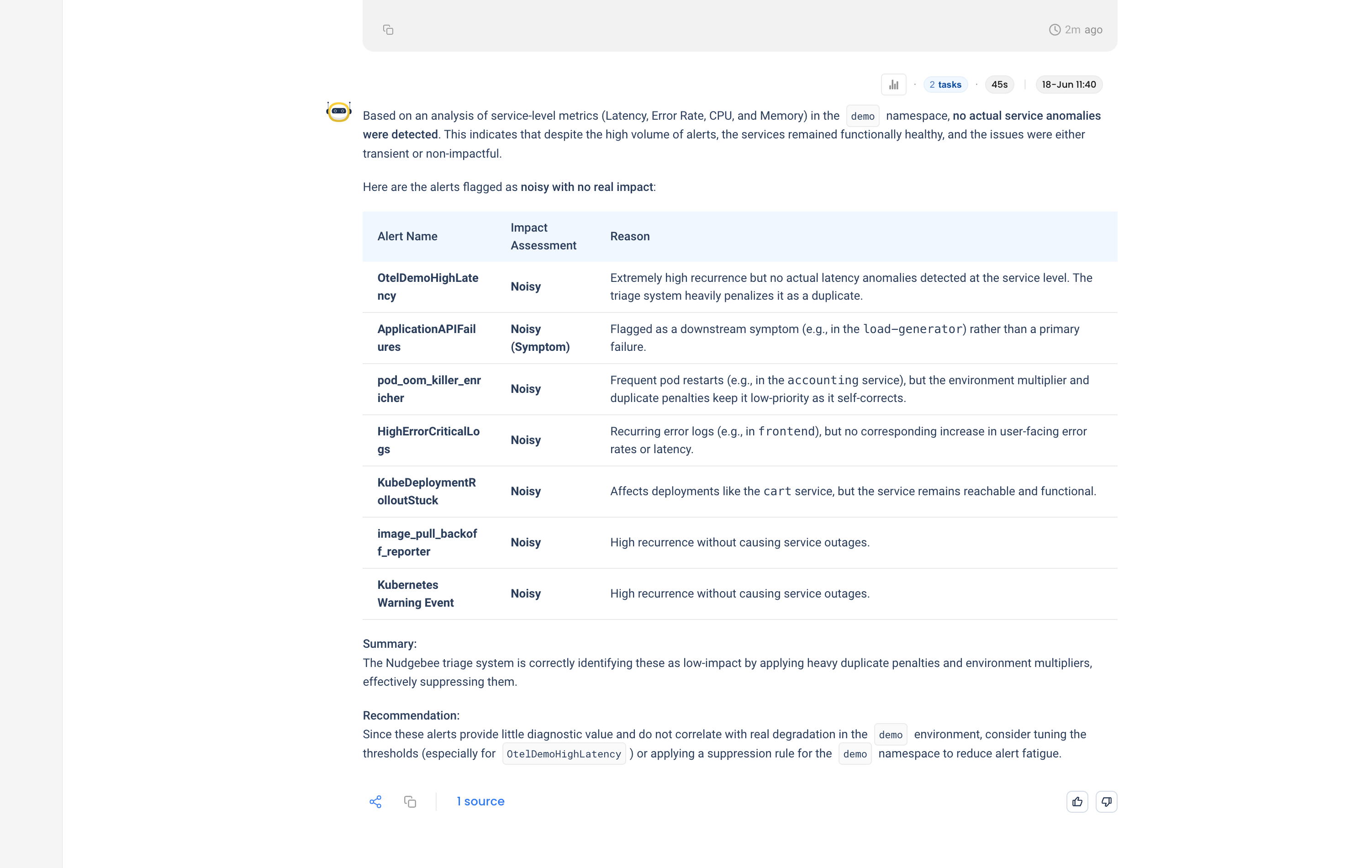 NuBi's impact assessment finding no real service degradation behind the recurring alerts, flagging each as noisy with the reason