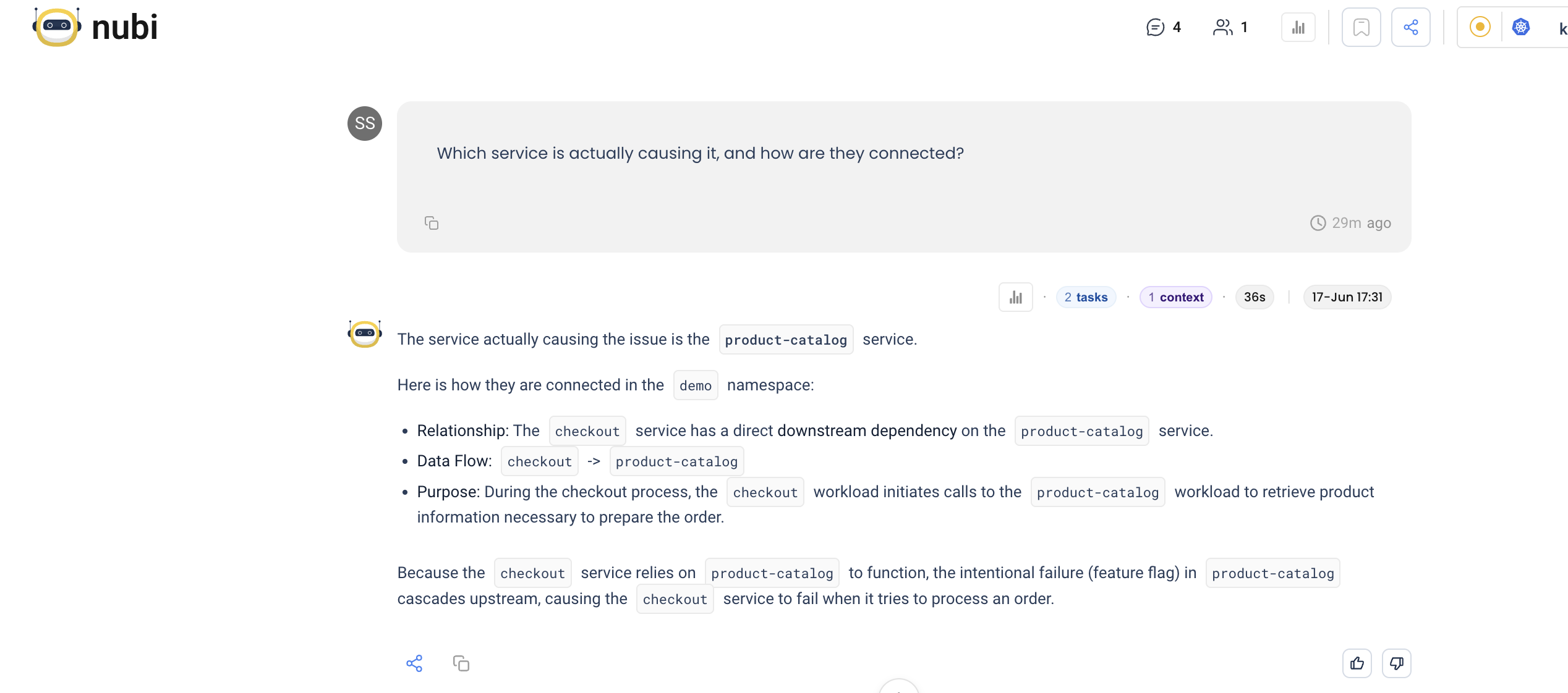 NuBi naming product-catalog as the cause, showing the checkout → product-catalog dependency and explaining how the failure cascades upstream