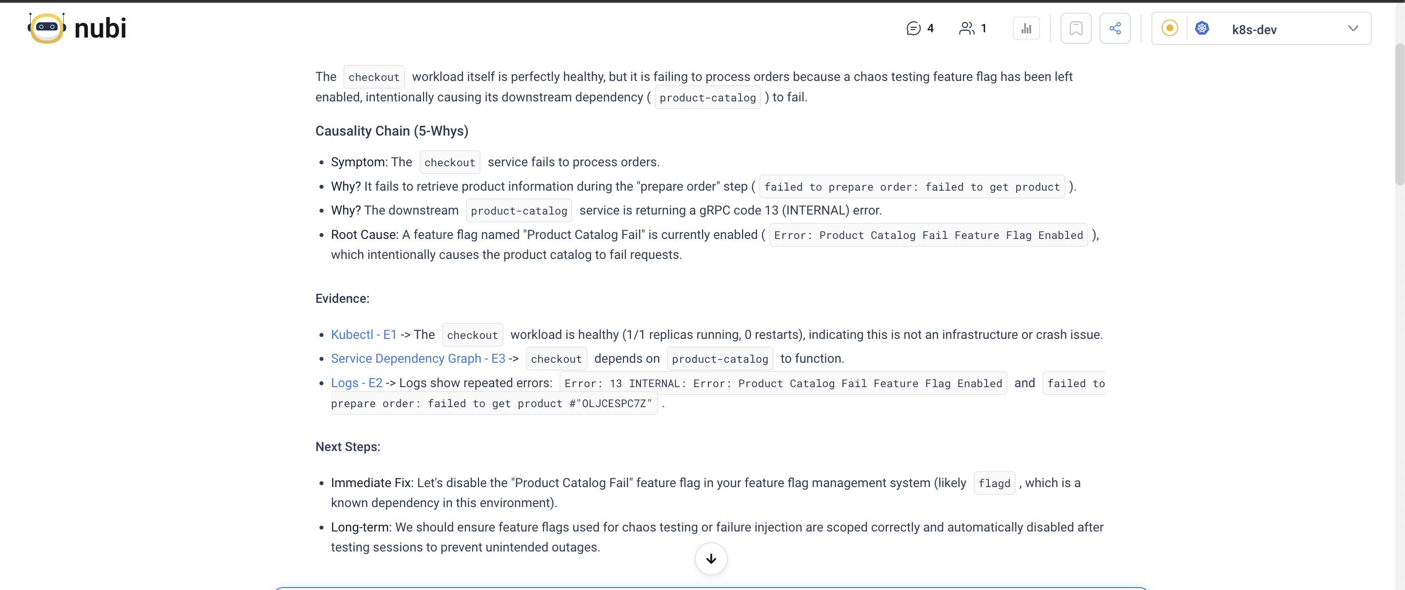 NuBi's root cause analysis for the checkout failure: a 5-Whys causality chain ending at the enabled "Product Catalog Fail" feature flag, with supporting evidence and recommended next steps