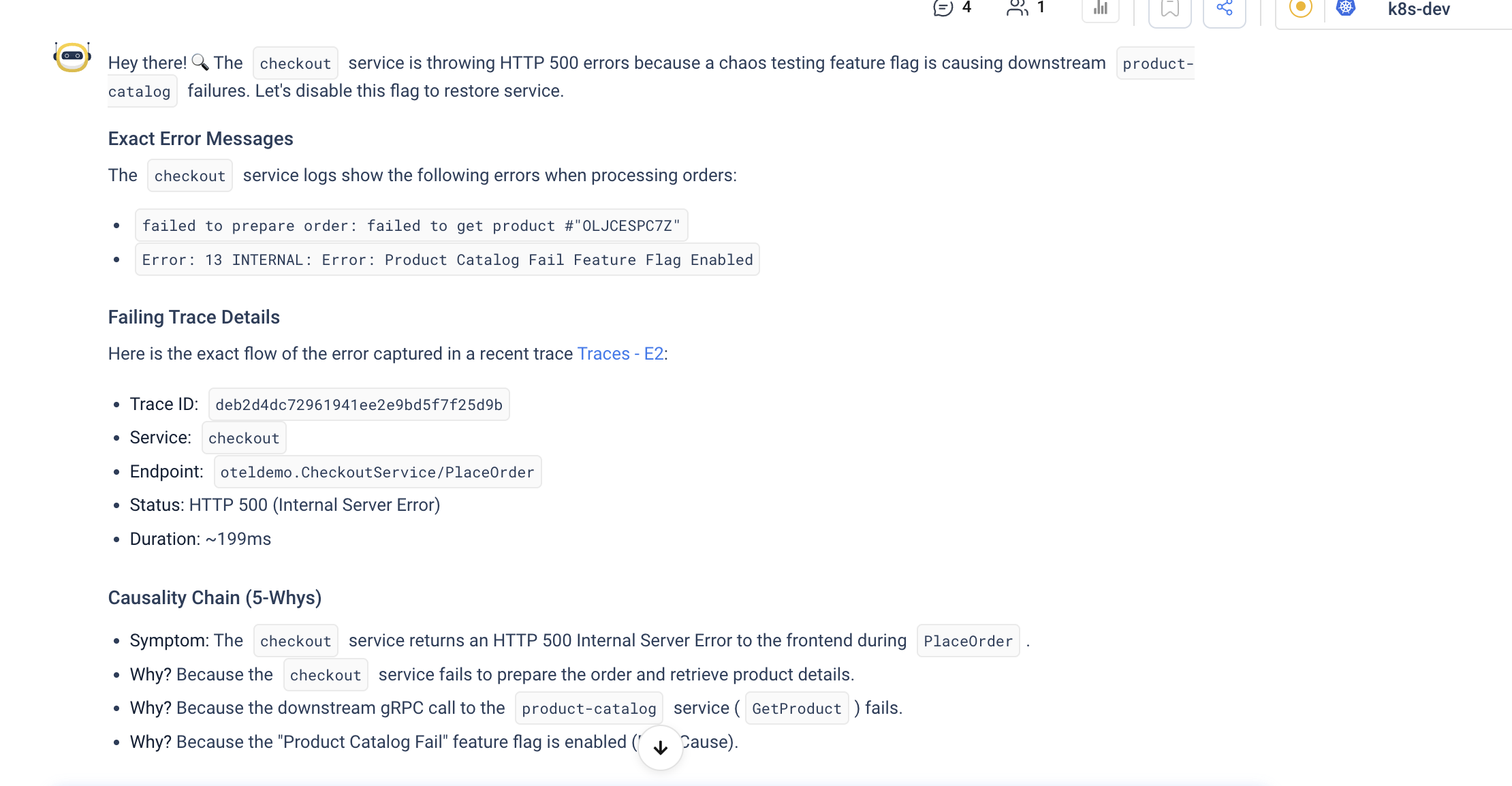 NuBi showing the exact error messages and a failing CheckoutService/PlaceOrder trace with HTTP 500 status, duration, and trace ID, next to the causality chain