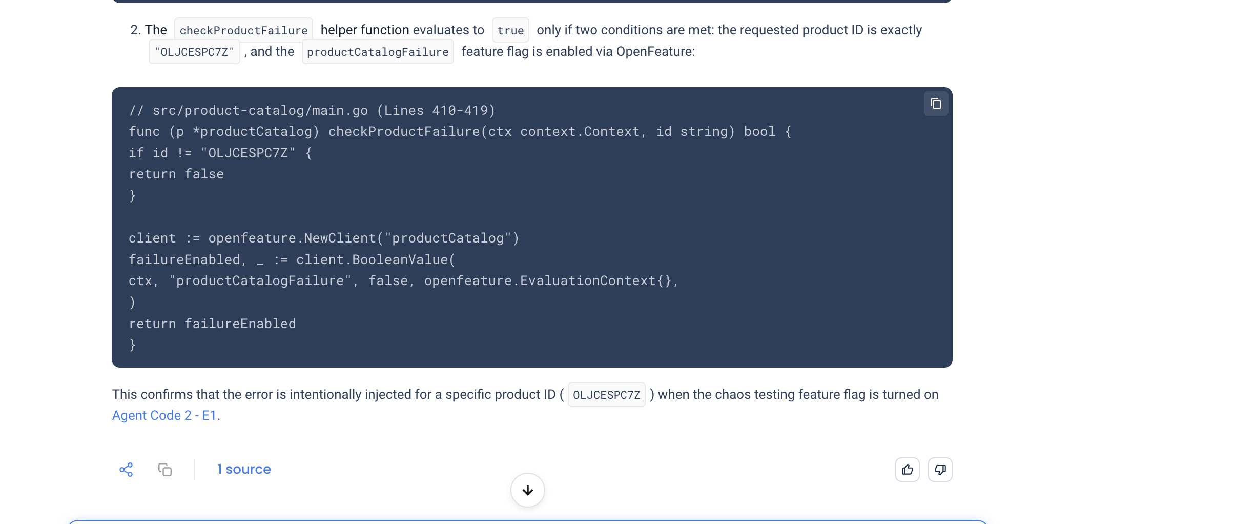 NuBi's Code Agent showing the checkProductFailure function in src/product-catalog/main.go, confirming the error is intentionally returned for product OLJCESPC7Z when the feature flag is enabled