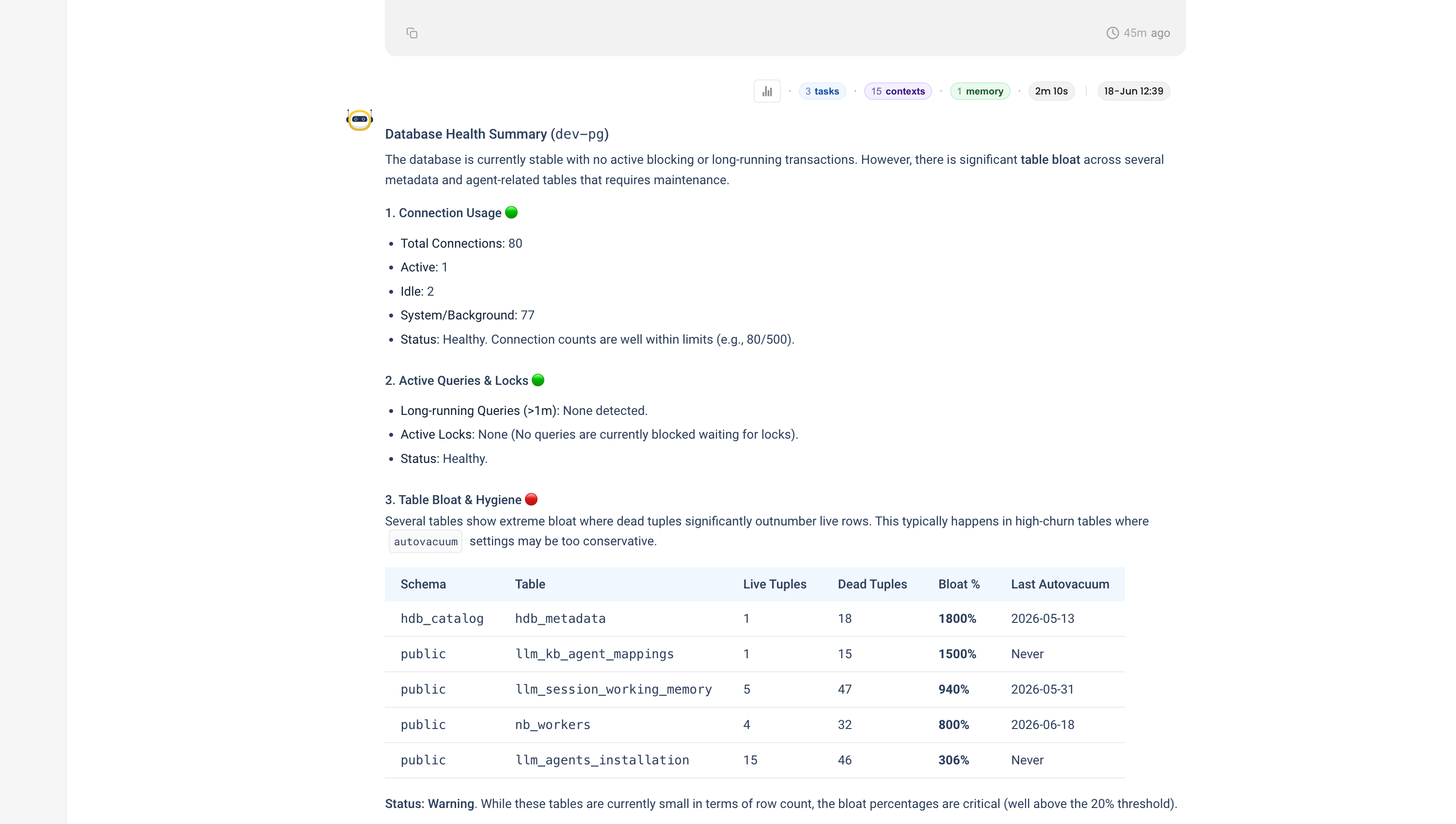 NuBi's database health summary for dev-pg: healthy connections and locks, plus a table of badly bloated tables with their dead-tuple counts and bloat percentages