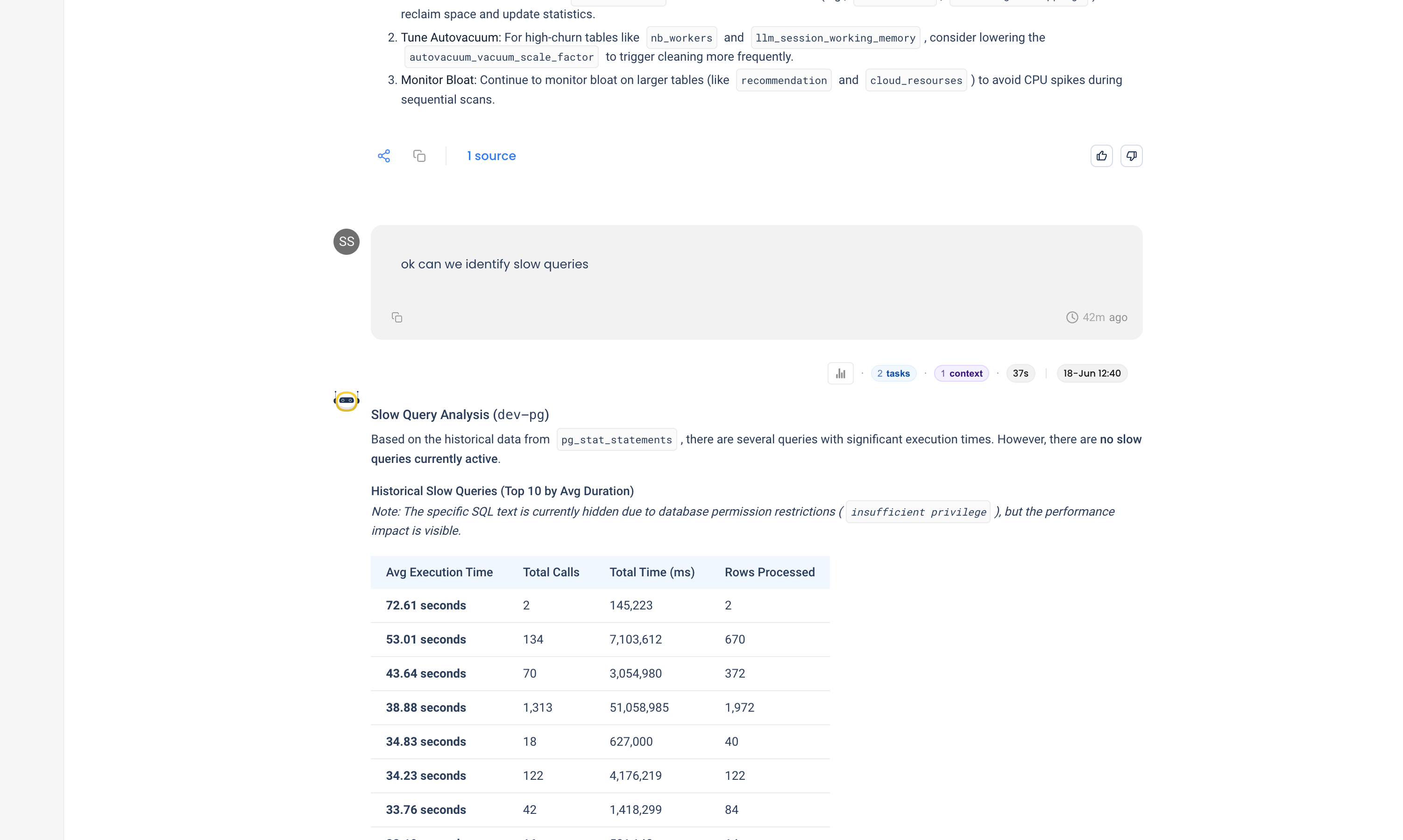 NuBi's slow-query analysis for dev-pg: top queries ranked by average execution time, with a note that the SQL text is hidden by an insufficient-privilege error
