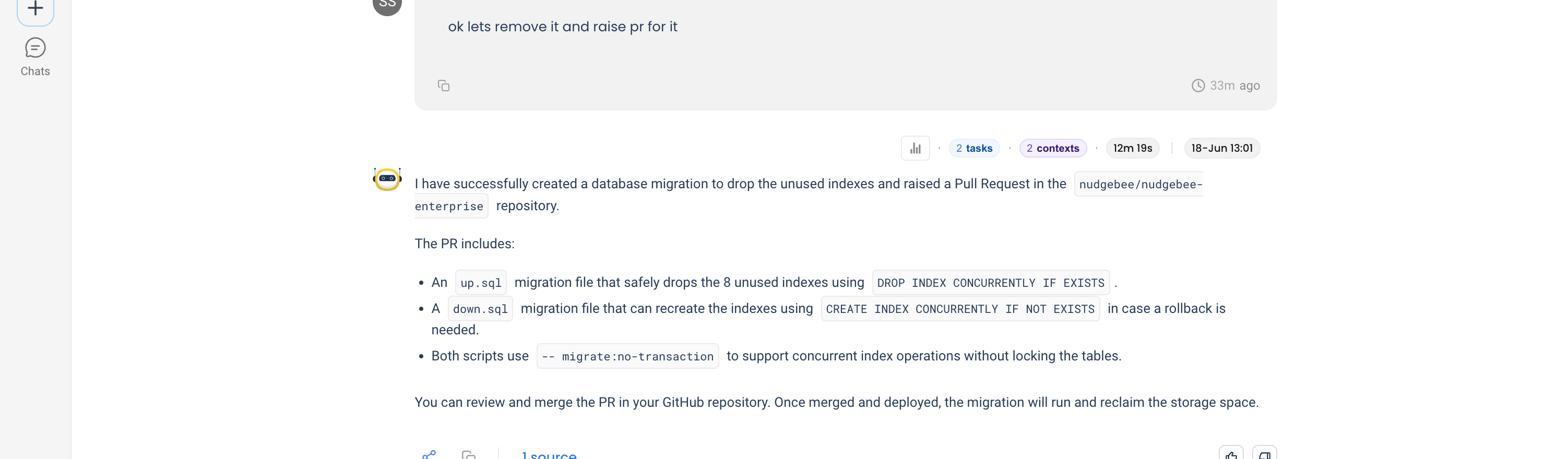 NuBi confirming it created a migration and raised a pull request to drop the unused indexes, listing the up and down migration files it generated