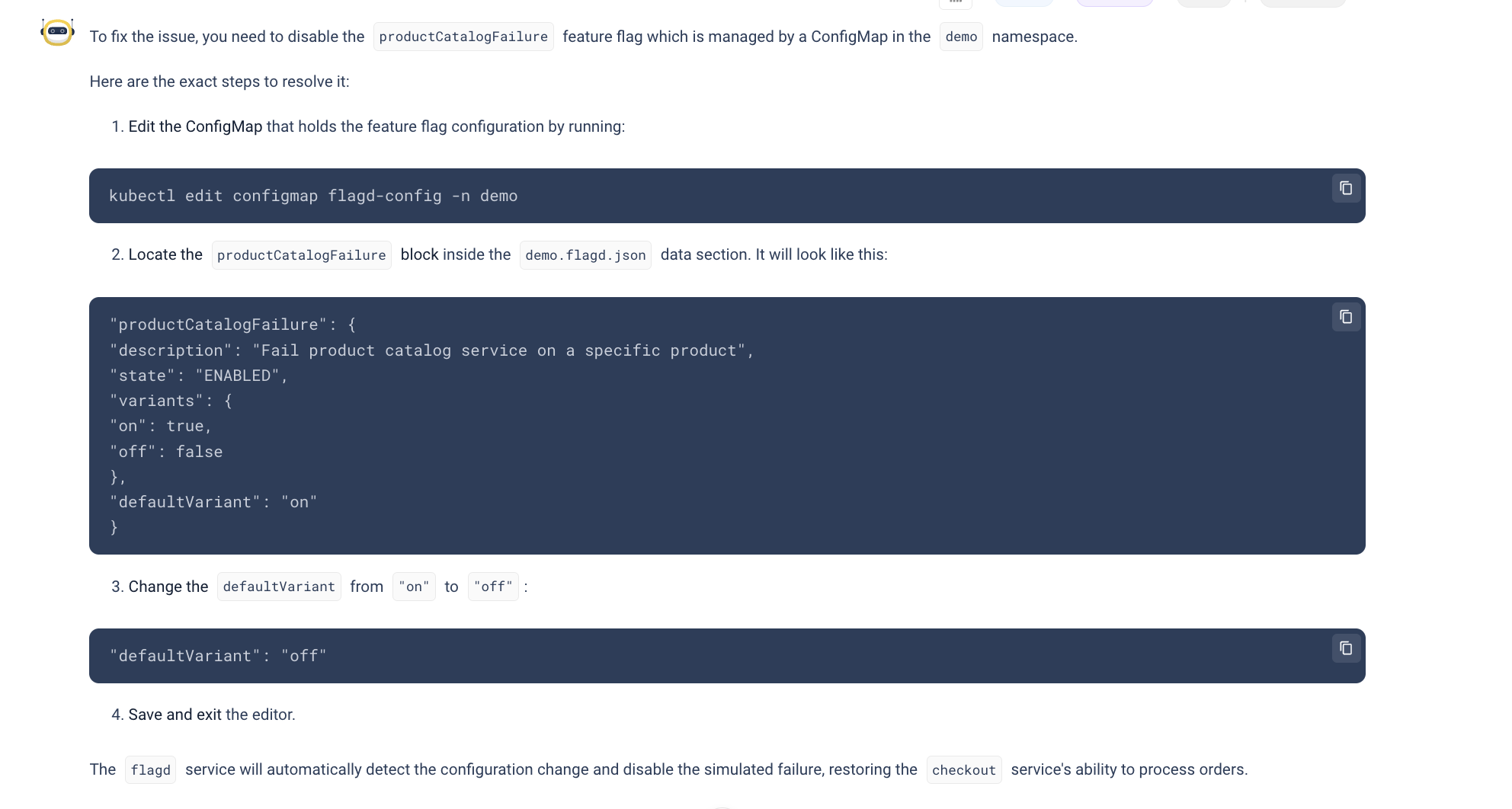 NuBi's fix instructions: edit the flagd-config ConfigMap in the demo namespace and change the productCatalogFailure defaultVariant from "on" to "off", with the kubectl command and the resulting config