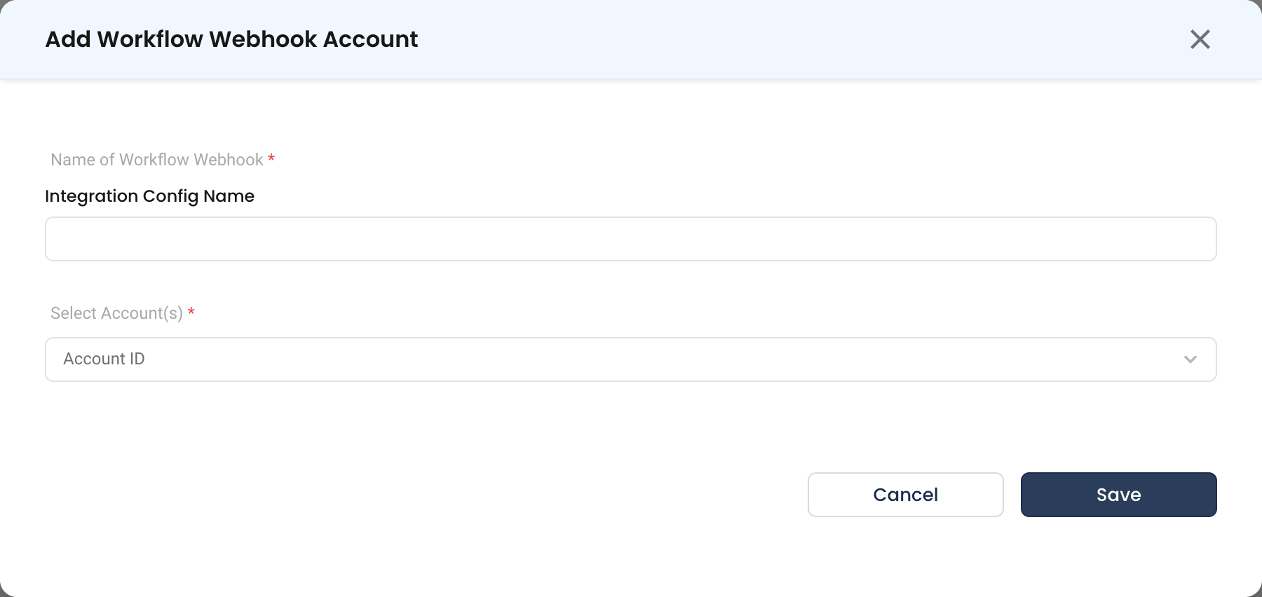 The Automation Webhook form, which takes only a name and an account