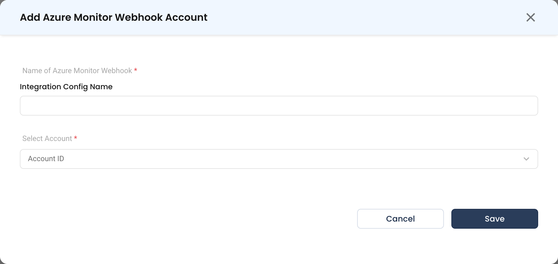 The Azure Monitor Webhook form, which takes only a name and an account