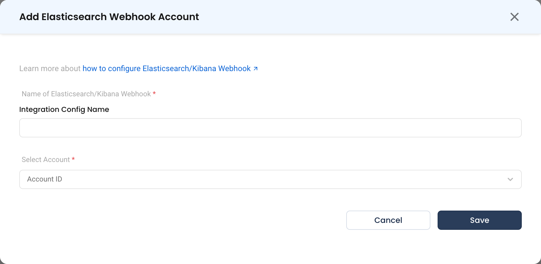 The Elasticsearch Webhook form, which takes only a name and an account