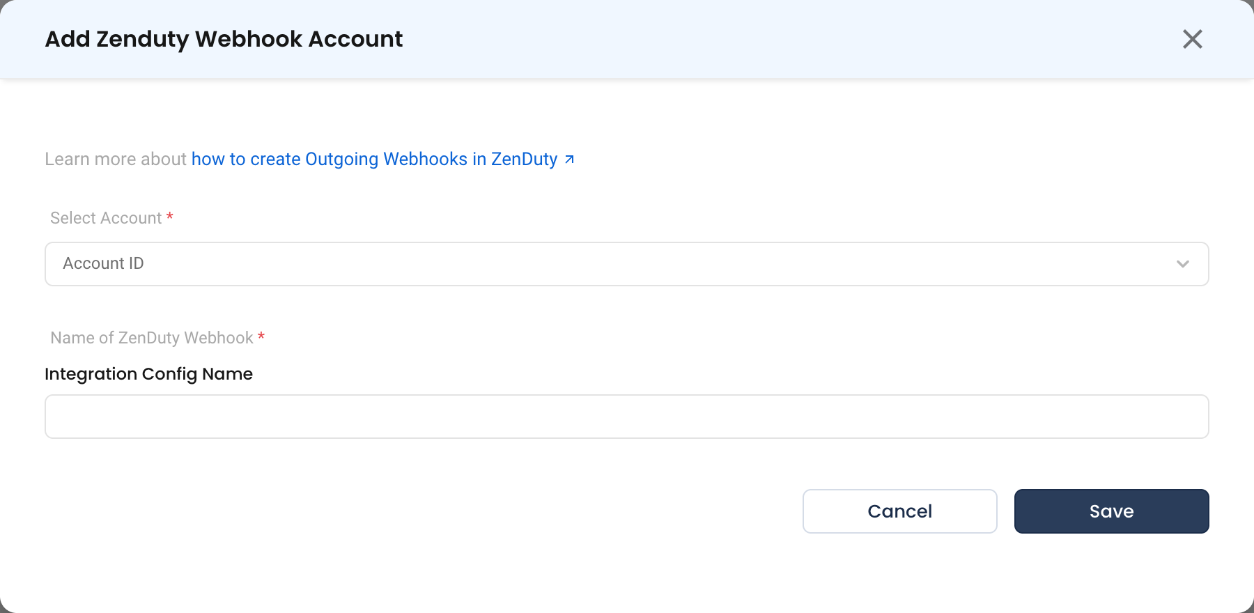 The ZenDuty Webhook form, which takes only a name and an account