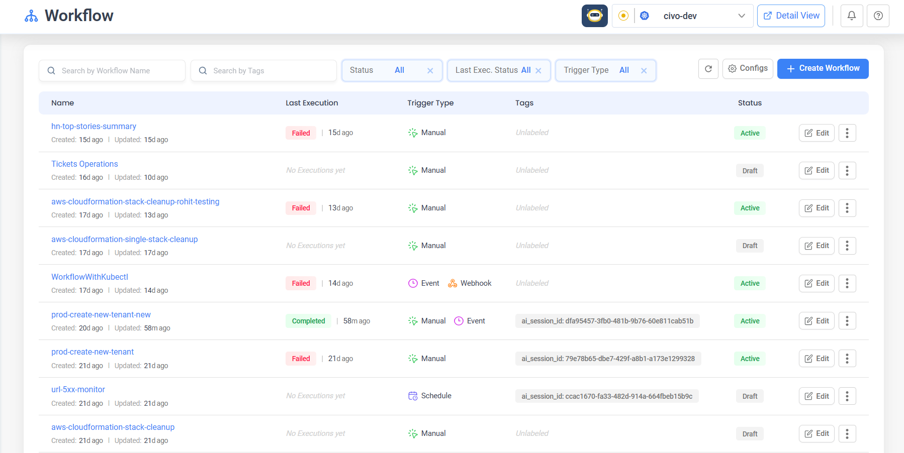 Workflow Listing Page