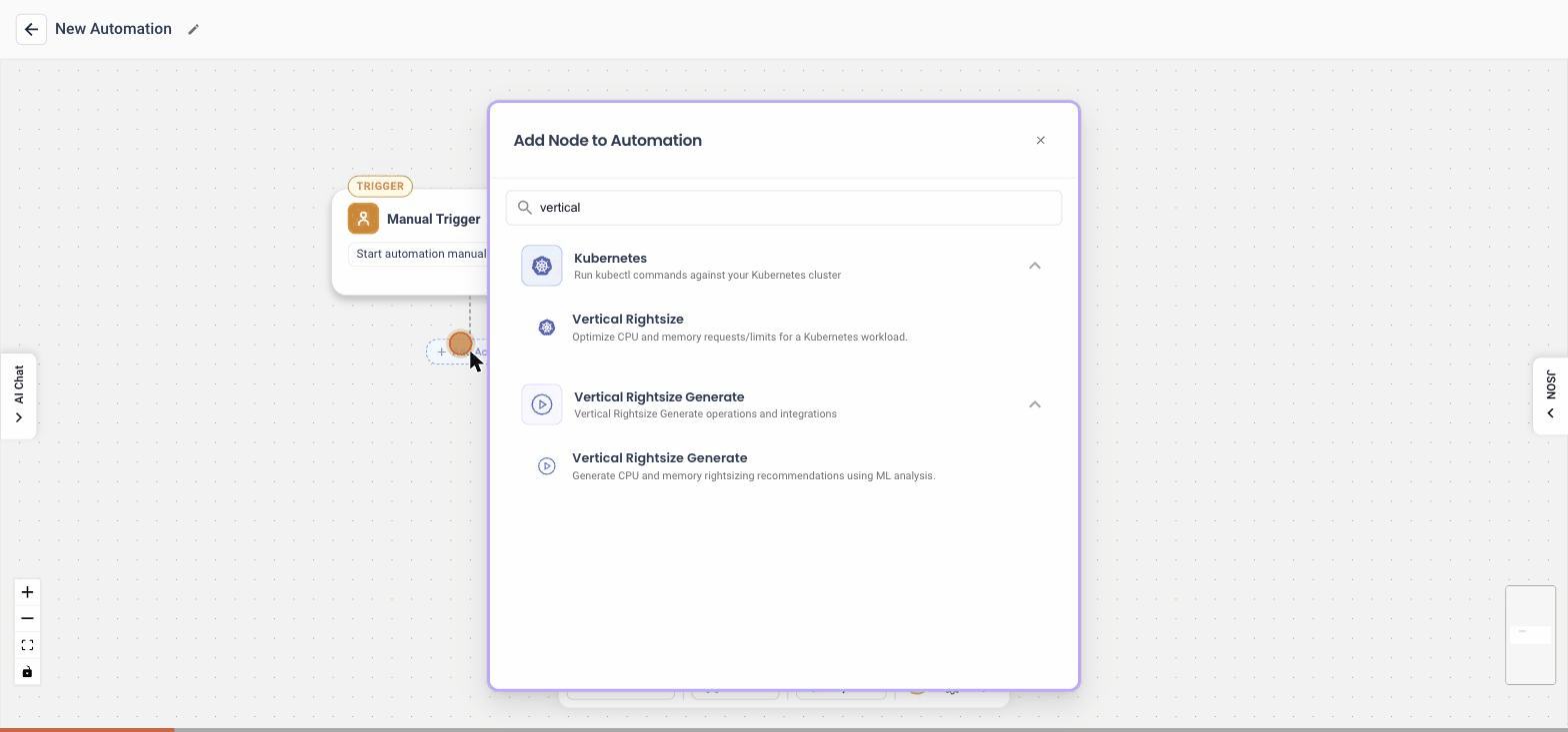 Adding and configuring the Workload Restart action in the NudgeBee automation builder